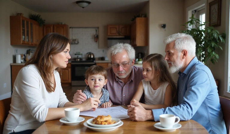 Family discussing finances with senior parents