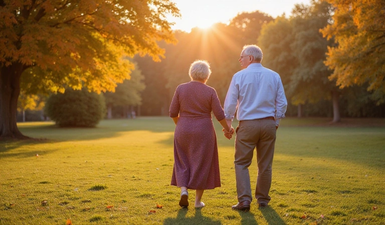 Senior couple walking in park