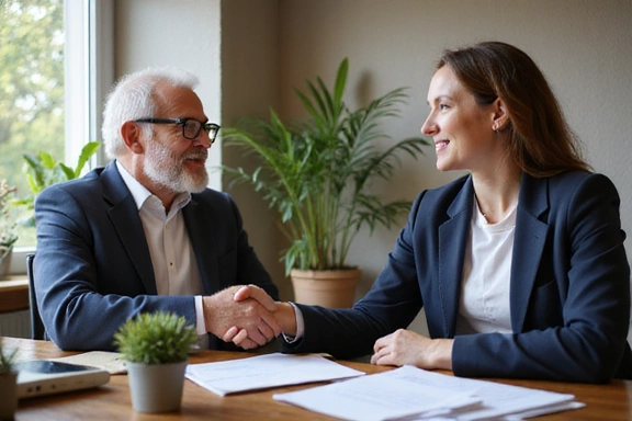Smiling insurance agent shaking hands with senior client