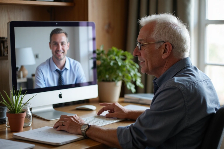 Senior man talking to insurance agent on video call