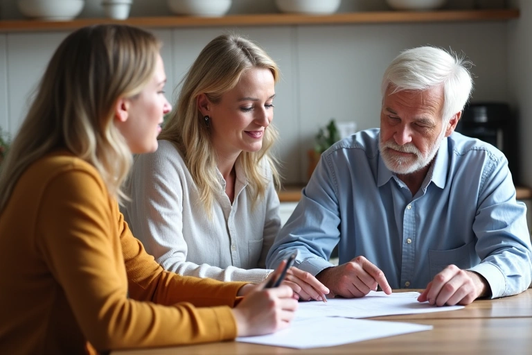 Senior couple reviewing insurance documents with agent